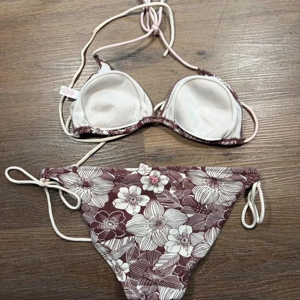 RARE Y2K Abercrombie & Fitch Brown Floral Triangle Bikini Set Side Tie SwimsuitM